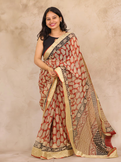 Maroon Chiffon Hand Block Printed Saree with Jari Border | Looms & Tassels