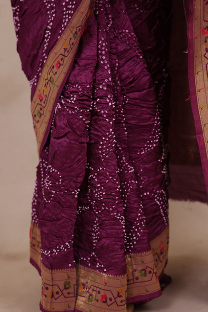 Magenta Handcrafted Pattern Bandhani Paithani Dola Silk Saree | Looms & Tassels