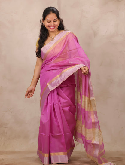 Pink Handloom Maheswari Silk Cotton Sarees | Looms & Tassels