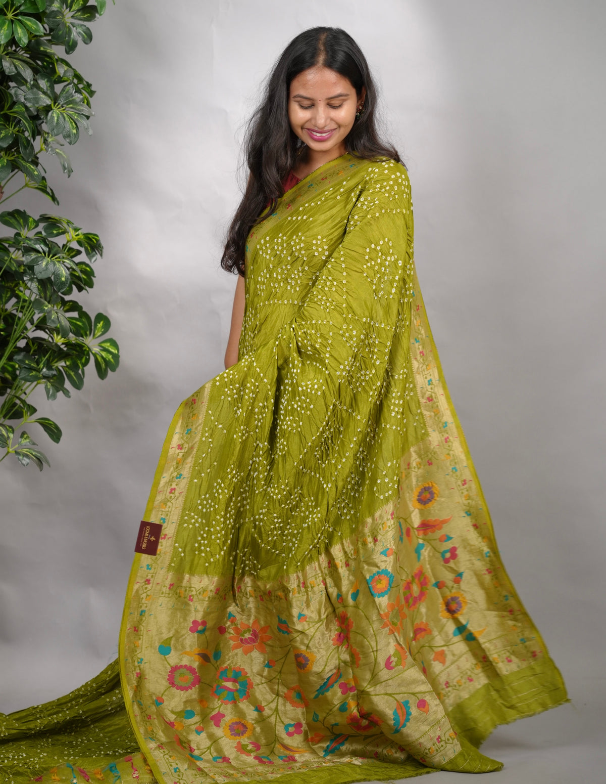 Olive Green Handcrafted Pattern Bandhani Paithani Dola Silk Saree | Looms & Tassels