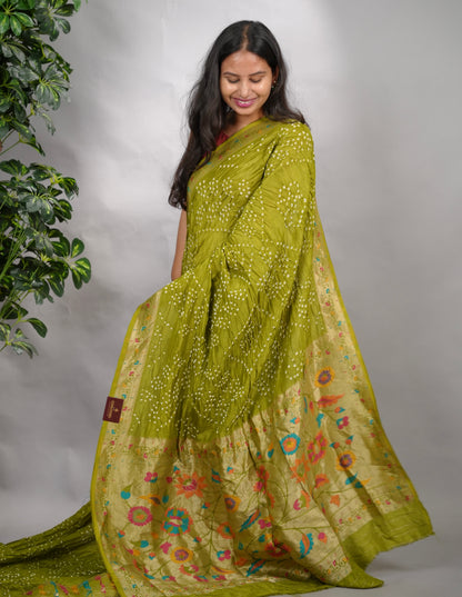 Olive Green Handcrafted Pattern Bandhani Paithani Dola Silk Saree | Looms & Tassels