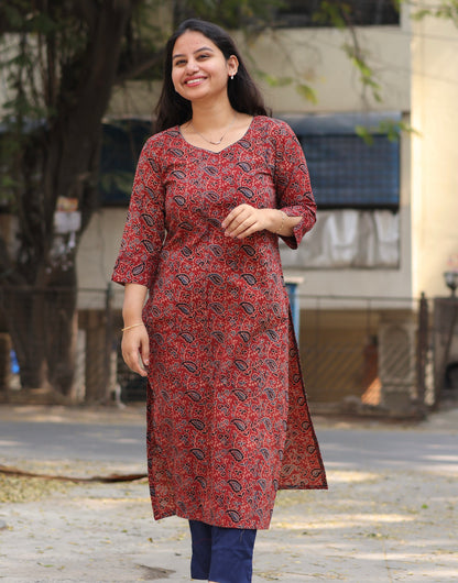Maroon Ajrakh Hand Block printed Kurti