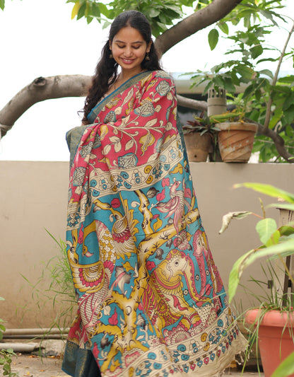 Pink Kanchi border Kalamkari chennur silk saree