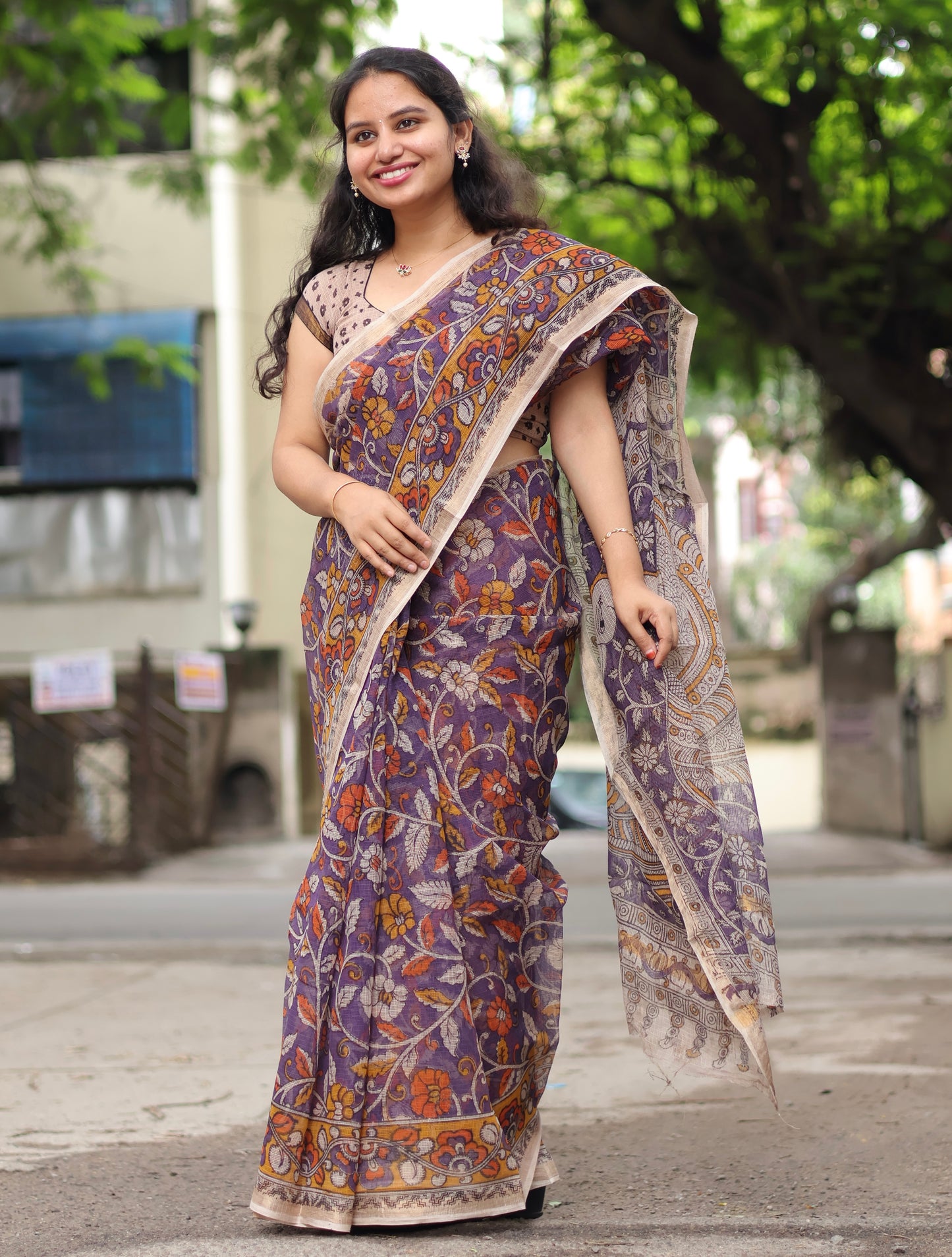 Lavender Kalamkari printed Kota Doriya Saree