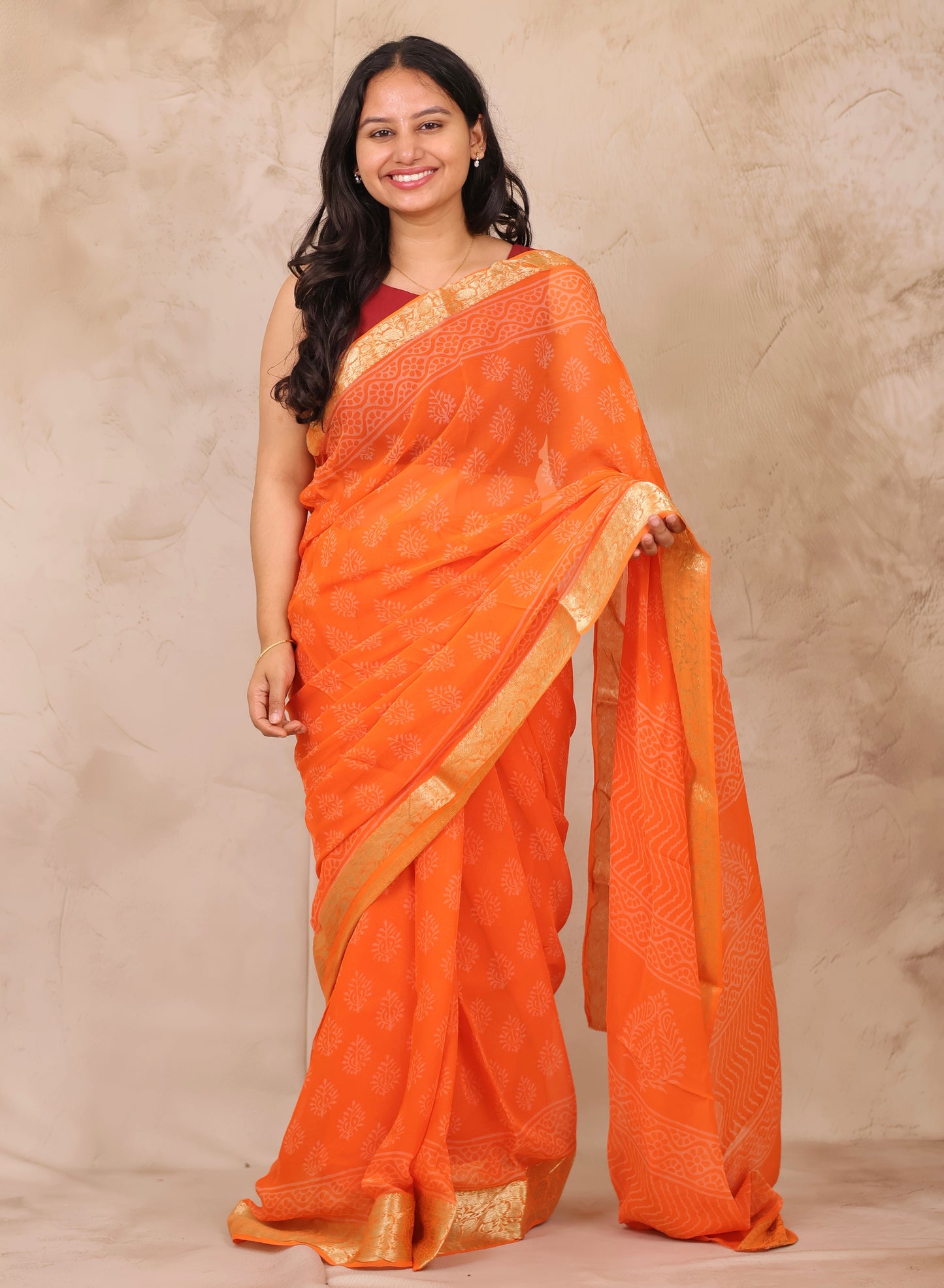 Orange Chiffon Hand Block Printed Saree with Jari Border | Looms & Tassels