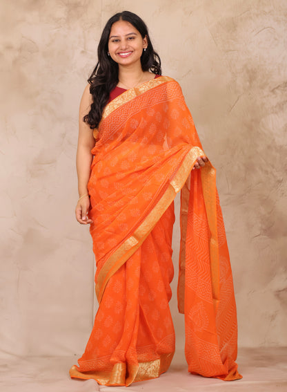 Orange Chiffon Hand Block Printed Saree with Jari Border | Looms & Tassels