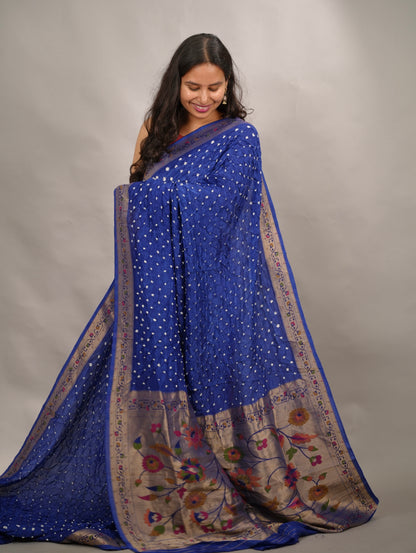 Blue Handcrafted Bandhani Paithani Dola Silk Saree | Looms & Tassels