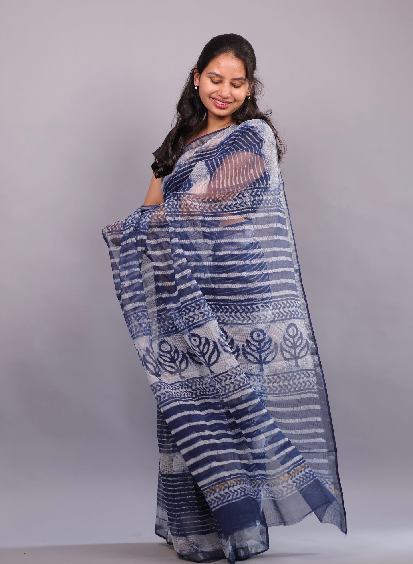 Pure Kota Doria Saree with Bagru Handblock Prints – Blue | Looms&Tassels
