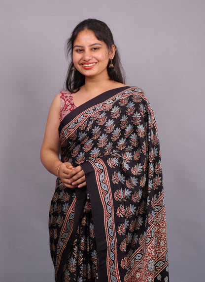 Black Authentic Ajrakh Handblock Printed Modal Silk Saree | Looms & Tassels