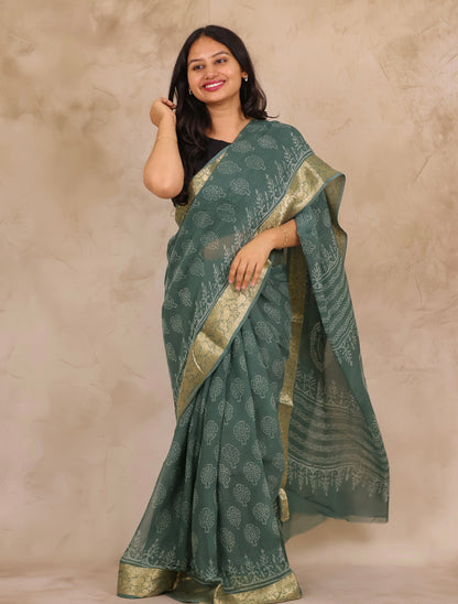 Sea Green Chiffon Hand Block Printed Saree with Jari Border | Looms & Tassels