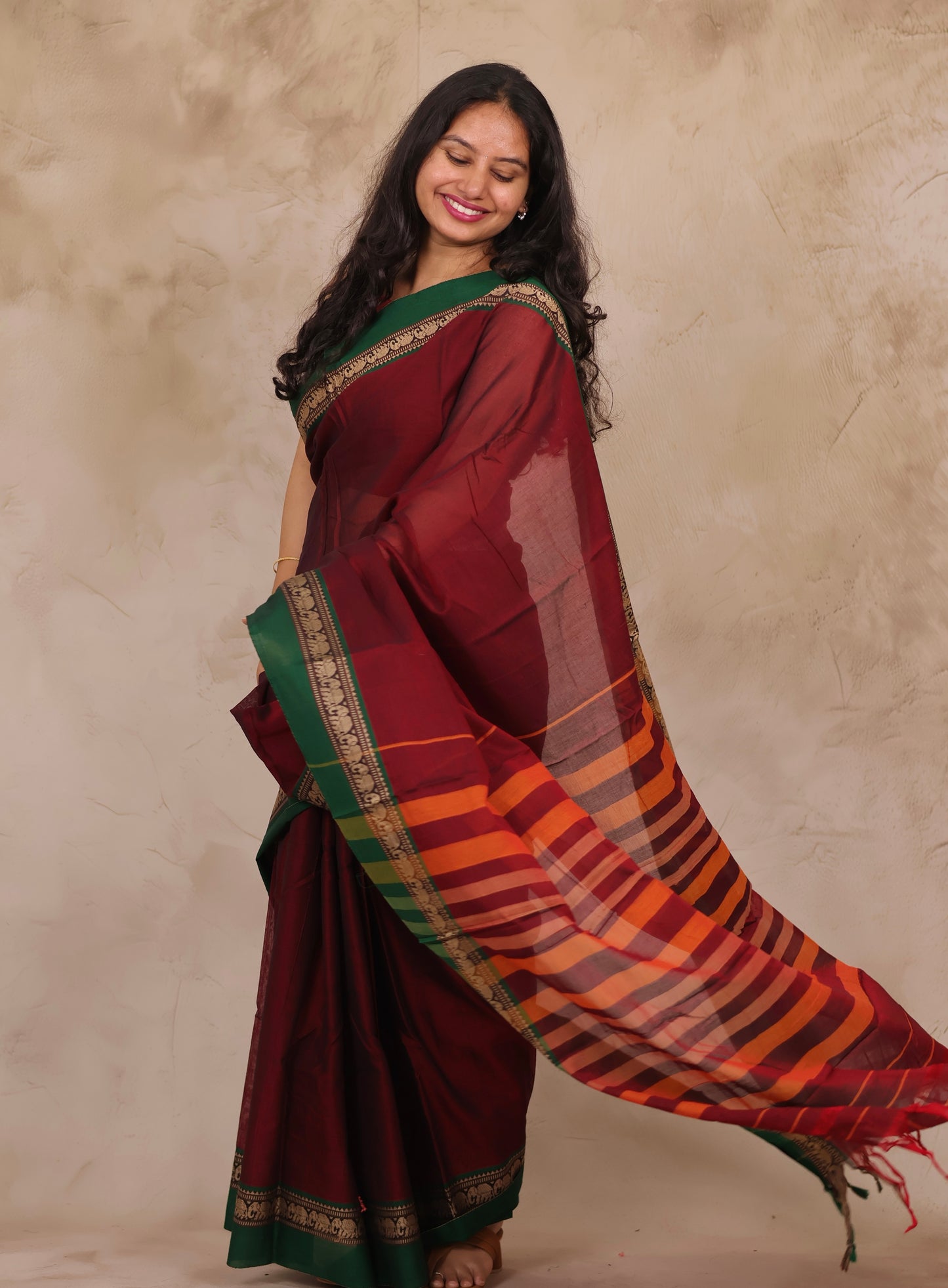 Maroon Narayanpet Cotton Saree with Elephant Border | Looms & Tassels