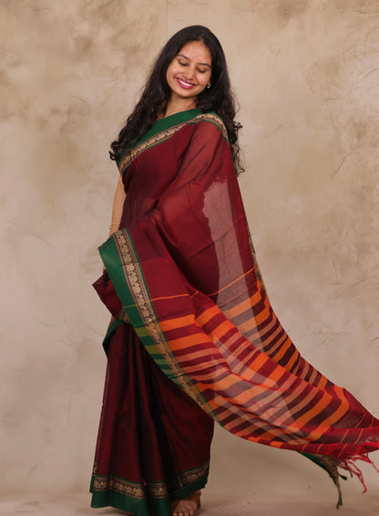 Maroon Narayanpet Cotton Saree with Elephant Border | Looms & Tassels