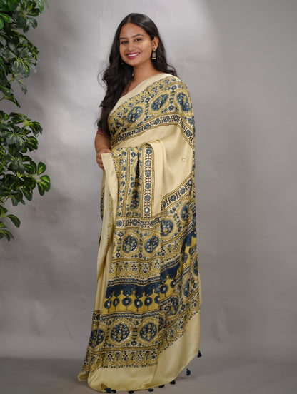 Off White Ajrakh Modal Silk Hand Embroidery Saree  | Looms & Tassels