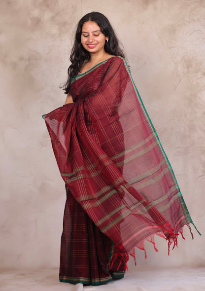Maroon Narayanpet Cotton Saree lines weaving Saree | Looms & Tassels