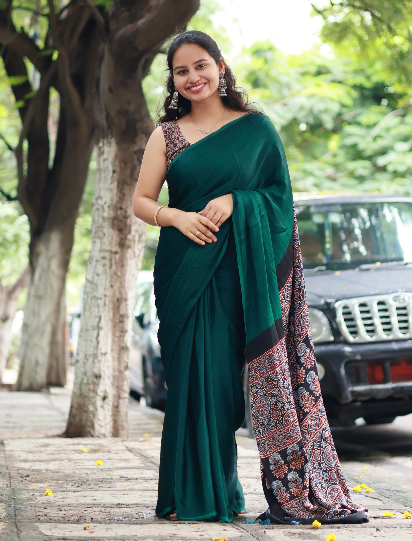 Green Ajrakh Modal Silk Saree