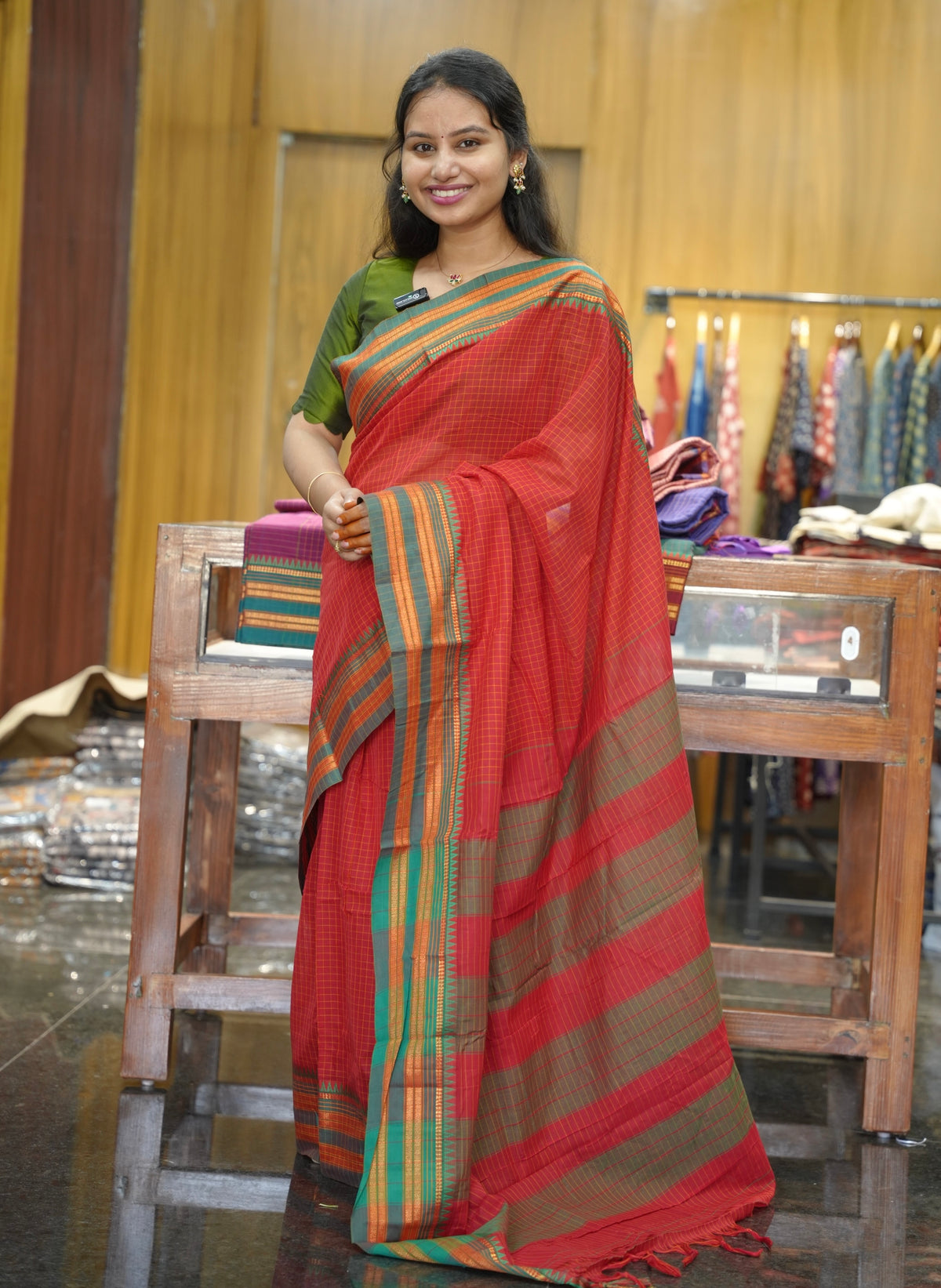 Red Checks Narayanpet Cotton Saree with Traditional contrast Border | Looms & Tassels