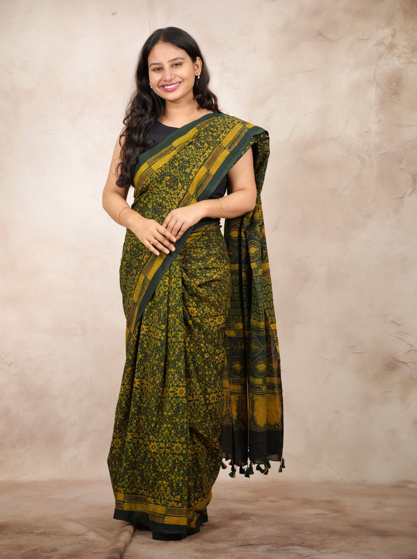 Green Ajrakh Hand Block Printed Cotton Saree | Looms & Tassels