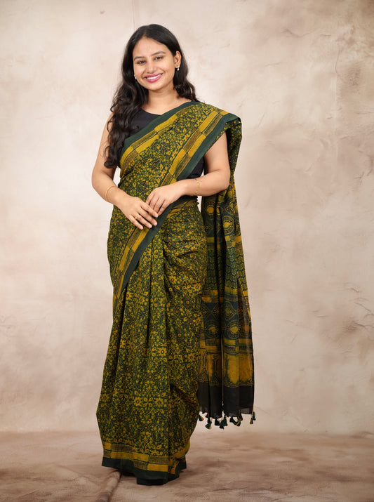 Green Ajrakh Hand Block Printed Cotton Saree | Looms & Tassels