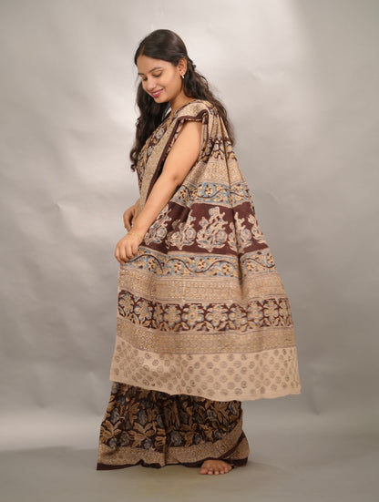Maroon Hand Block Printed Kalamkari Cotton Saree | Looms & Tassels