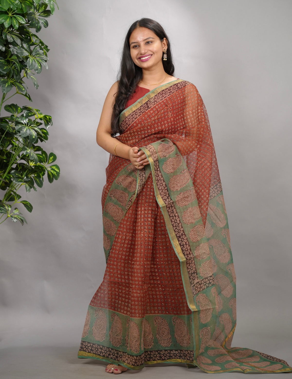 Maroon Pure Kota Doria Saree with Bagru Handblock Prints