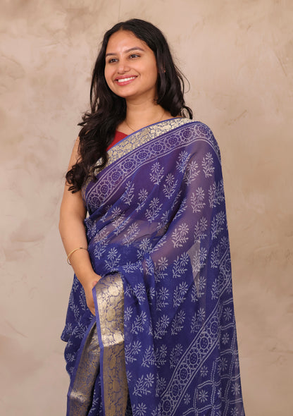 Blue Chiffon Hand Block Printed Saree with Jari Border | Looms & Tassels