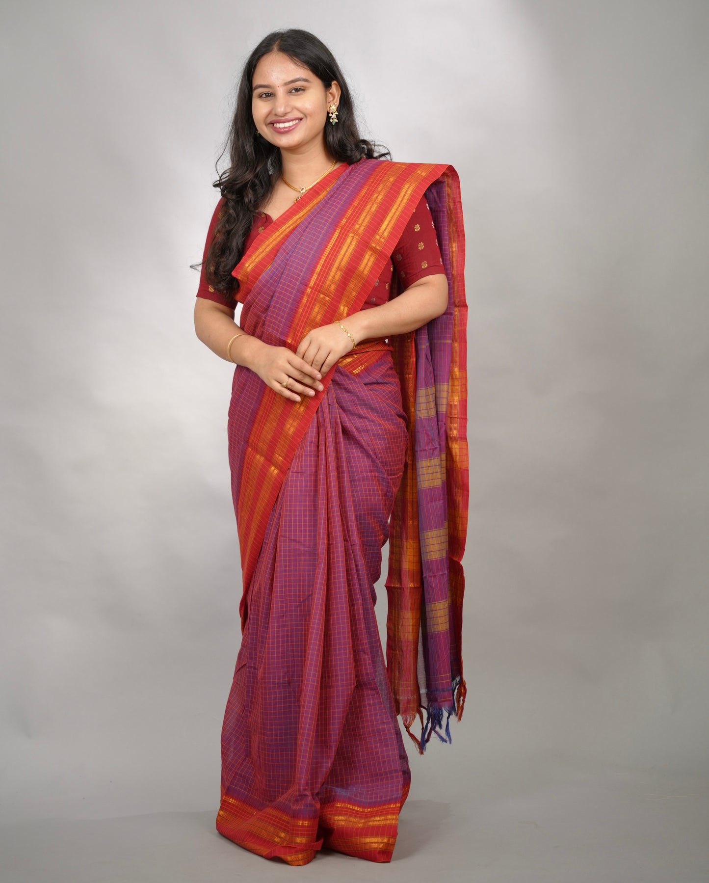 Purple Dual Tone Checks Narayanpet Cotton Saree with Traditional contrast Border | Looms & Tassels