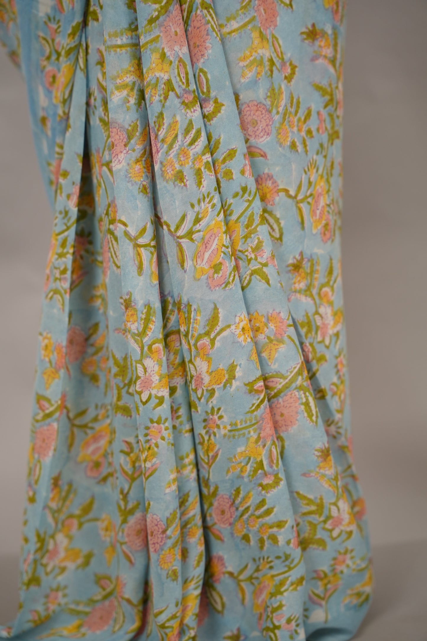Sky Blue Georgette Hand Block Printed Saree| Looms & Tassels