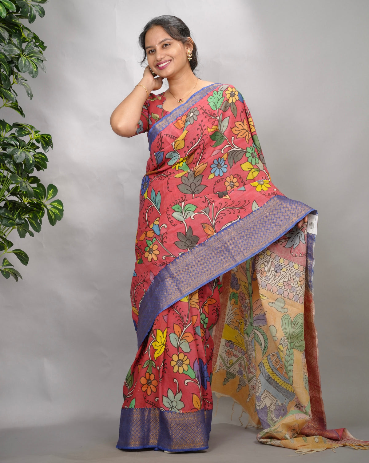 Pink Hand Drawn Pen Kalamkari Bangalore Silk Kanchi Border Saree | Looms & Tassels