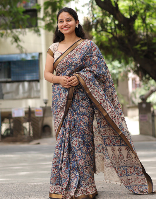 Blue Hand Block Printed Kalamkari Nizam Border Silk Sare