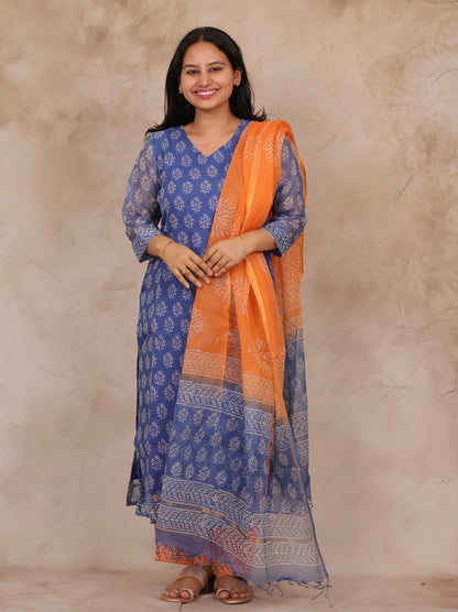 Blue Handblock printed kota 3 piece suit (stitched)