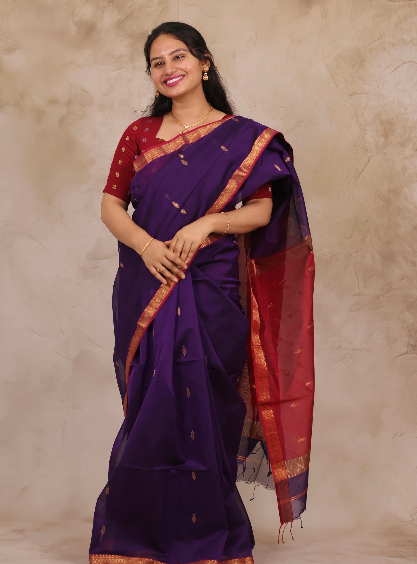 Purple Handloom Maheswari Silk Cotton Sarees | Looms & Tassels