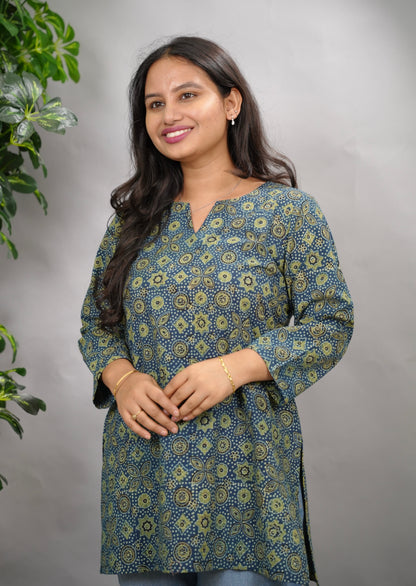 Indigo Ajrakh Hand Block Printed Short Top