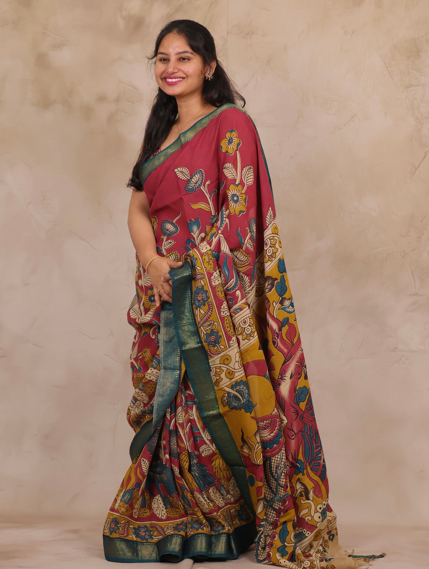 Magenta Floral Kalamkari Nizam Border Chennur Silk Saree | Looms & Tassels