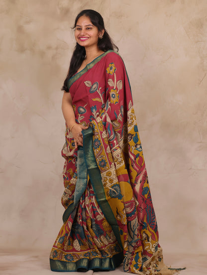 Magenta Floral Kalamkari Nizam Border Chennur Silk Saree | Looms & Tassels
