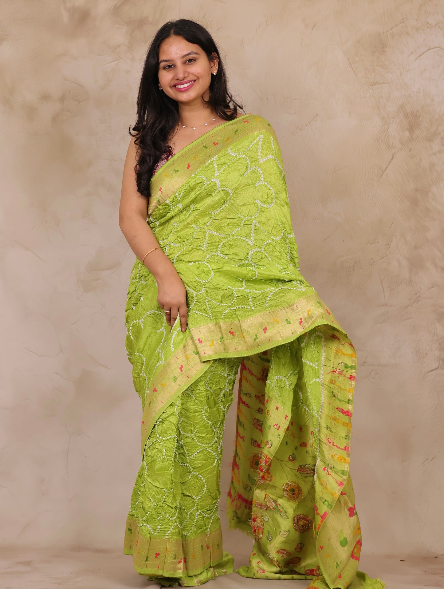 Pista Green Handcrafted Pattern Bandhani Paithani Dola Silk Saree | Looms & Tassels