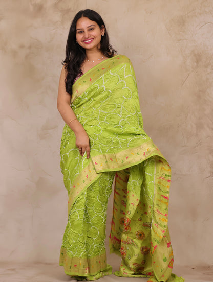 Pista Green Handcrafted Pattern Bandhani Paithani Dola Silk Saree | Looms & Tassels