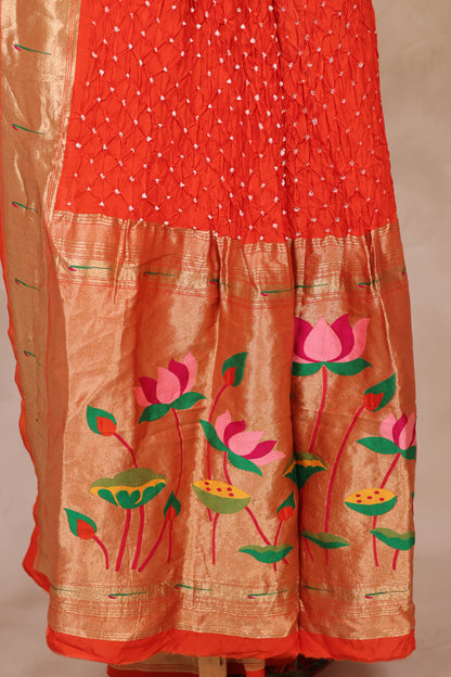 Orange Handcrafted Bandhani Paithani Dola Silk Saree | Looms & Tassels