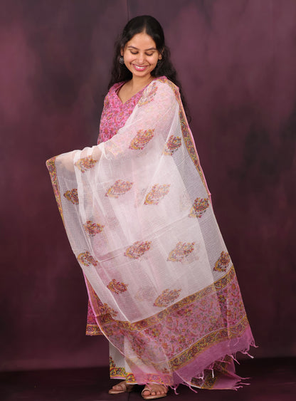 Pink Handblock printed kota 3 piece suit (stitched)