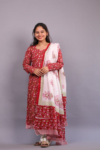 Red Floral Handblock printed Pure Mul Cotton with Mul Cotton Duppata 3 piece suit In Chudi Sleeves (stitched)