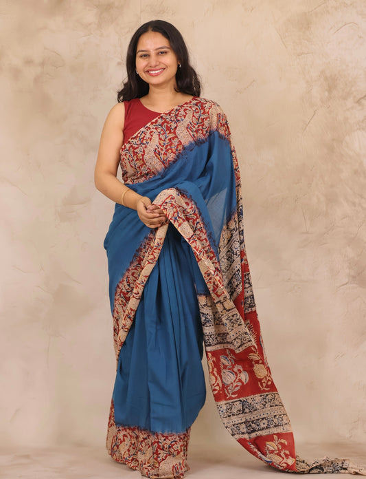 Cyan Blue Hand Block Printed Kalamkari Cotton Saree | Looms & Tassels
