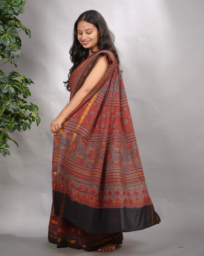 Maroon Ajrakh Hand Block Printed Sungudi Cotton Saree | Looms & Tassels