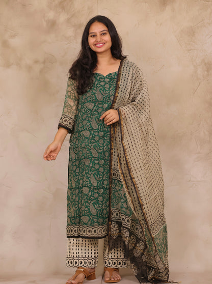 Green Handblock printed kota 3 piece suit (stitched)