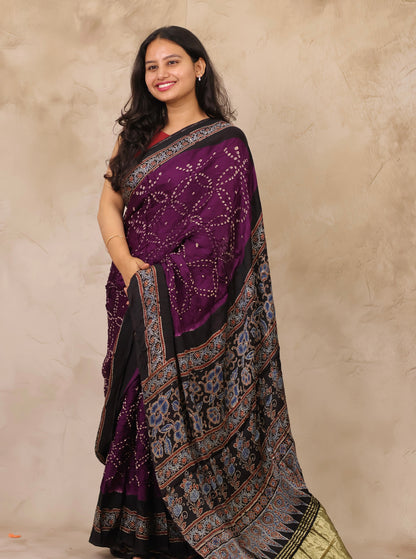 Jamun Hand Knotted Bandhej Arakh Modal Silk Saree with Lagdi Pallu | Looms & Tassels