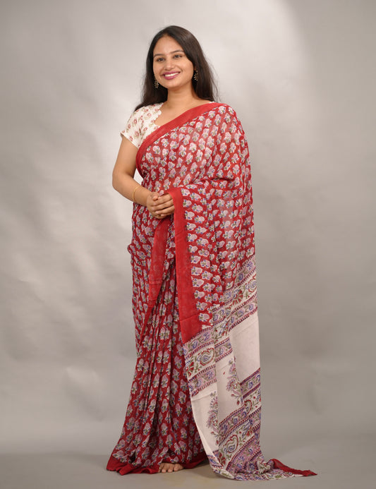 Maroon Georgette Hand Block Printed Saree| Looms & Tassels