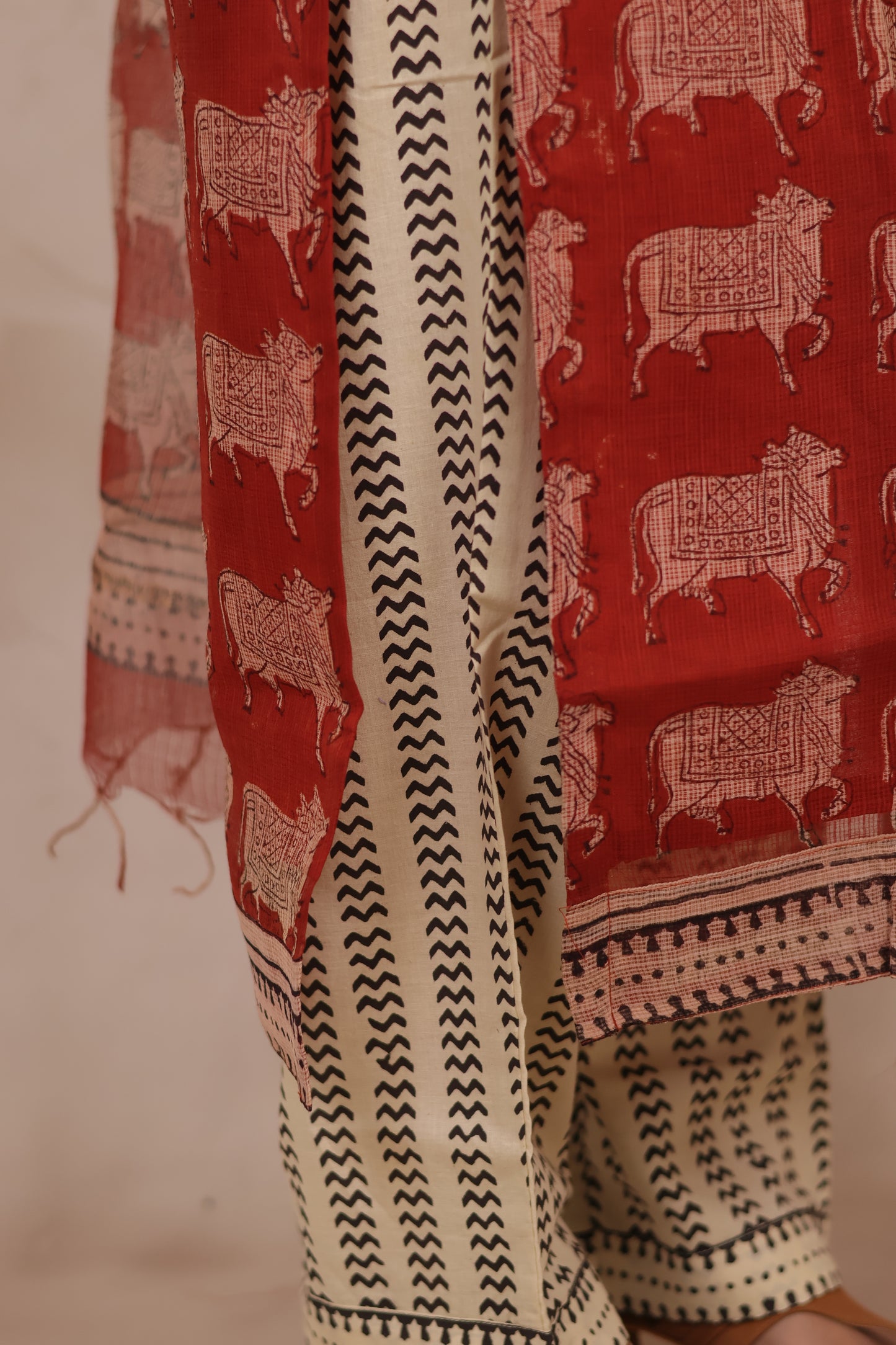 Maroon Pichwai Handblock printed kota 3 piece suit (stitched)