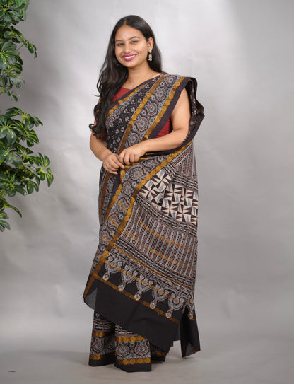 Black Ajrakh Hand Block Printed Sungudi Cotton Saree | Looms & Tassels