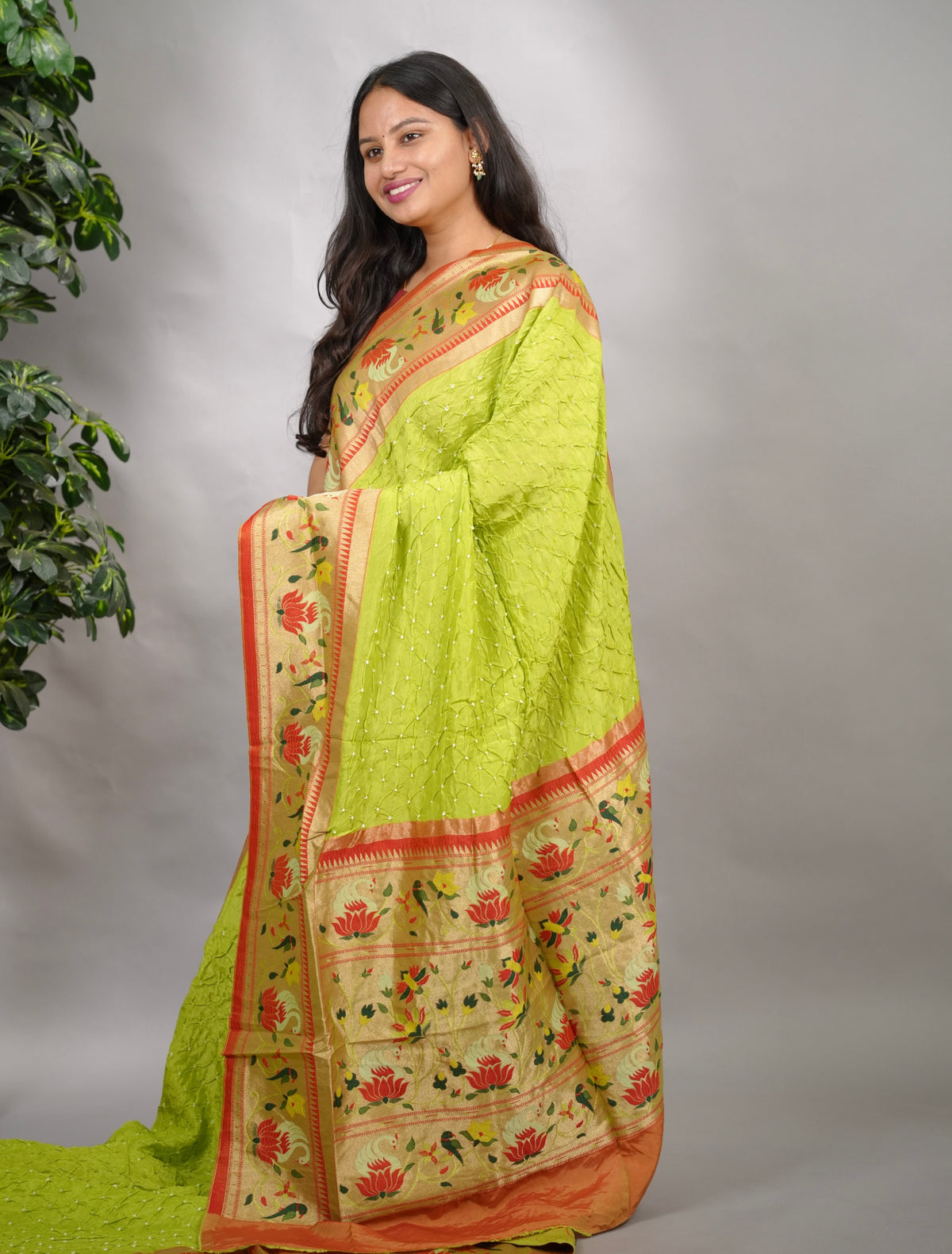 Parrot Green Handcrafted Bandhani Paithani Dola Silk Saree | Looms & Tassels