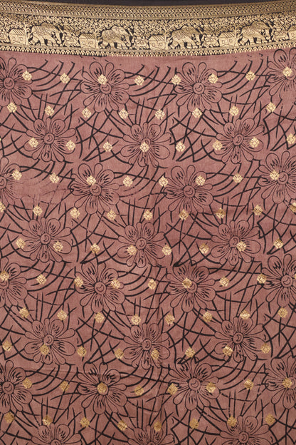 Dusty Brown Ajrakh Handblock printed Dola Silk Saree | Looms & Tassels