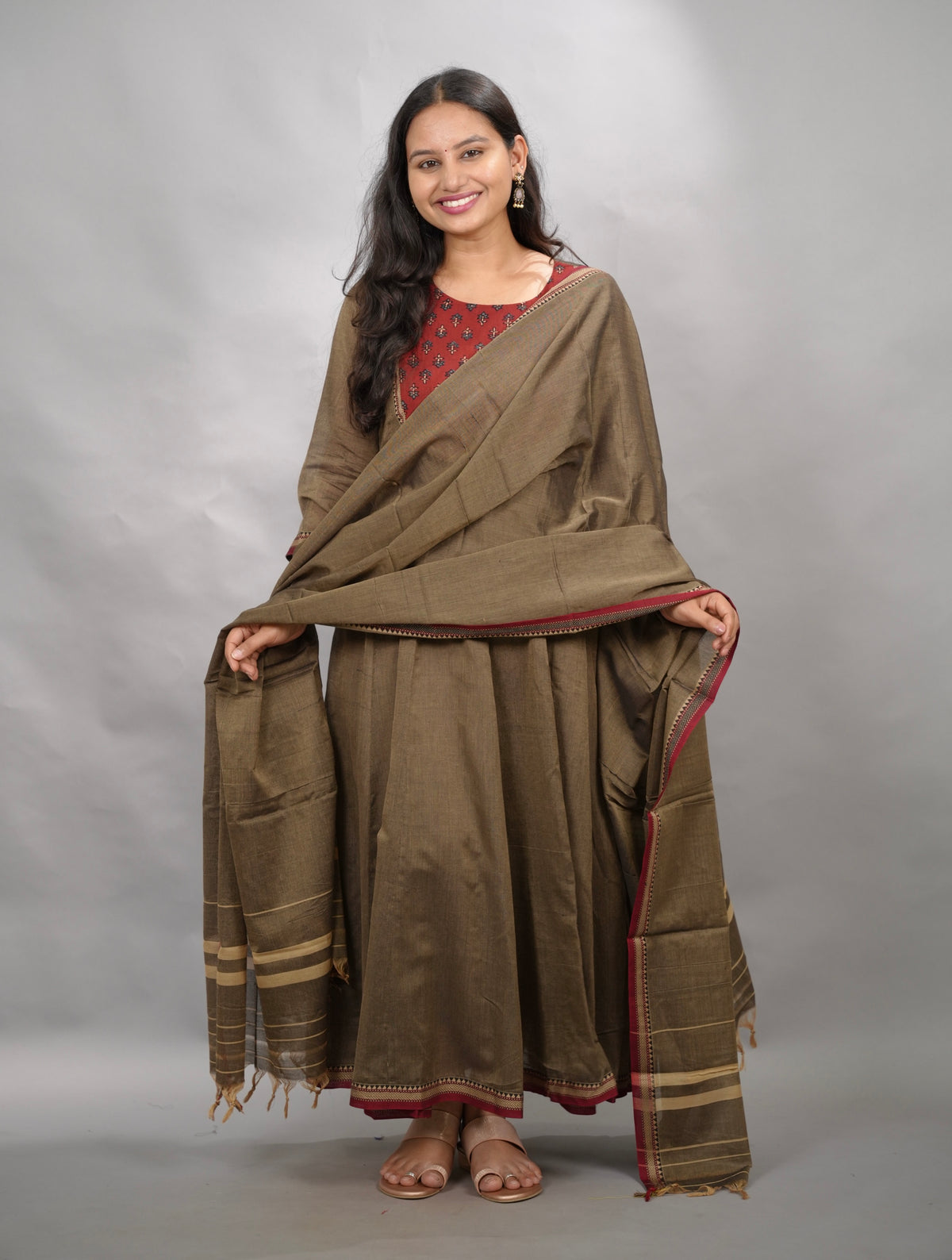 Grey Ajrakh Patch Work Narayanpet Cotton Anarkali Dress with Narayanpet Dupatta | Looms & Tassels