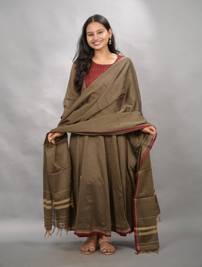Grey Ajrakh Patch Work Narayanpet Cotton Anarkali Dress with Narayanpet Dupatta | Looms & Tassels
